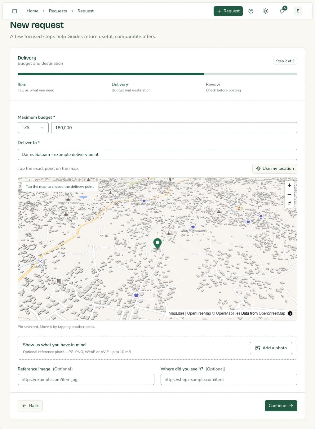Diraa demonstration screen: Set the budget and delivery point