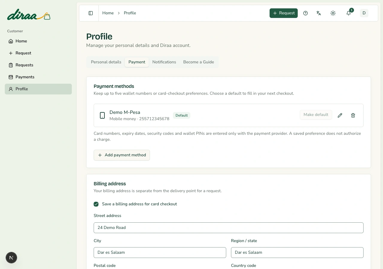 Profile Payment tab with a saved mobile wallet and reusable billing address