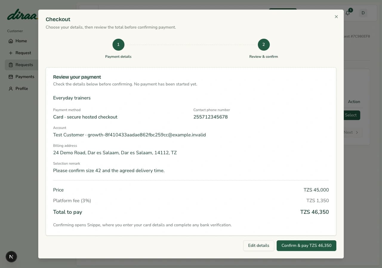 Diraa checkout review with payment details, billing address and a separately shown 3% fee