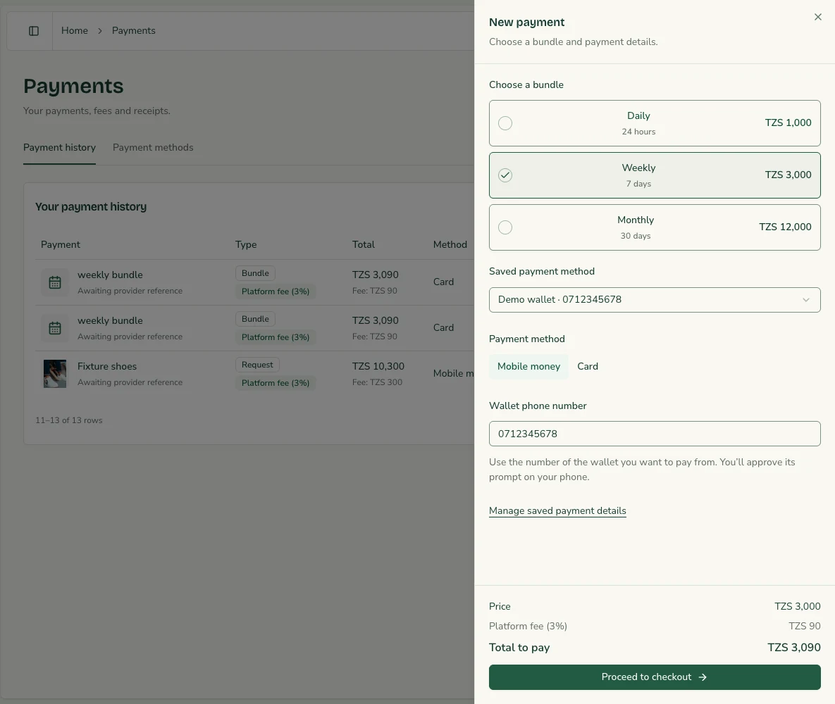 Diraa New payment drawer with bundle choices, saved wallet and fee summary