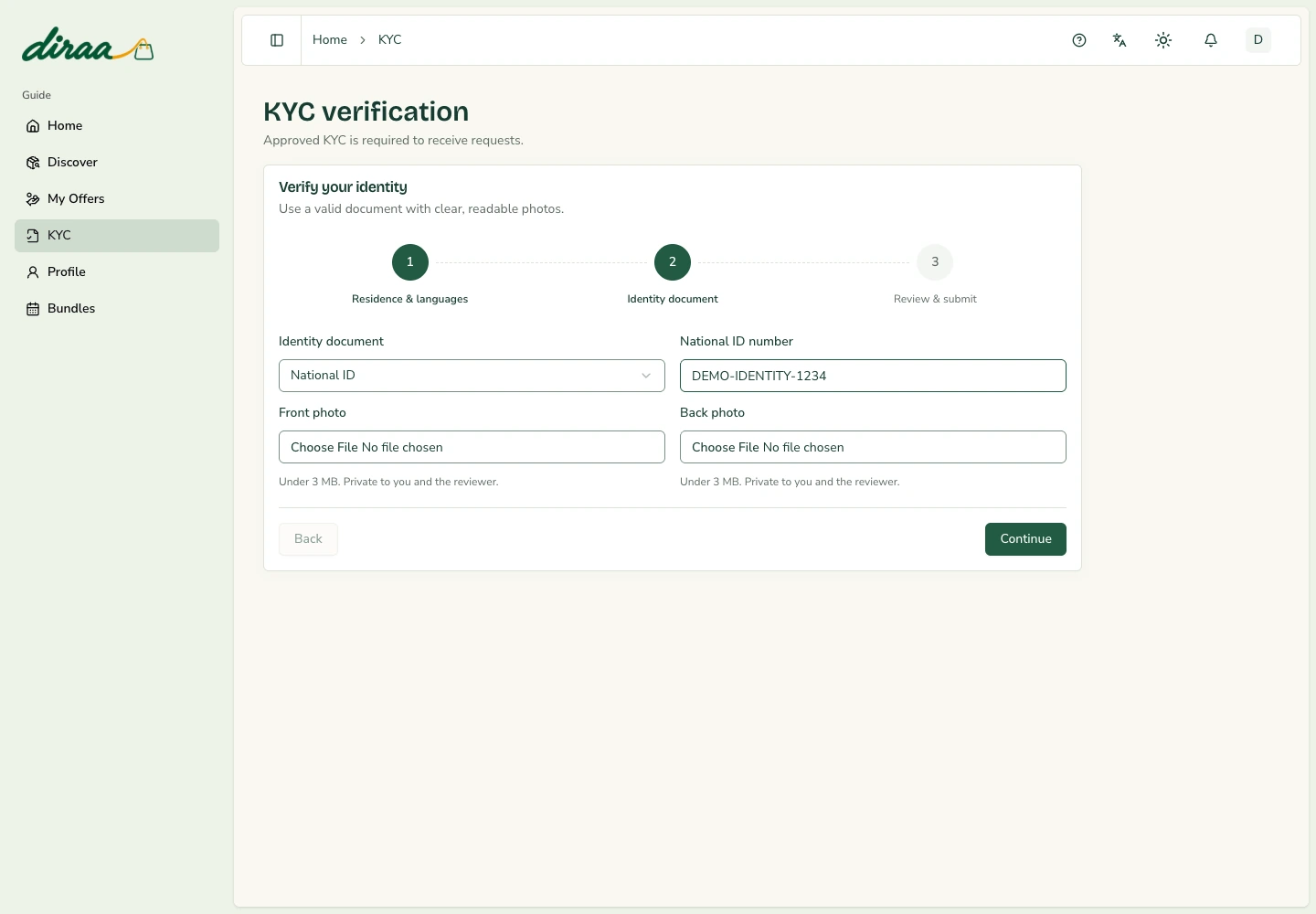 Guide identity verification inside the Diraa dashboard