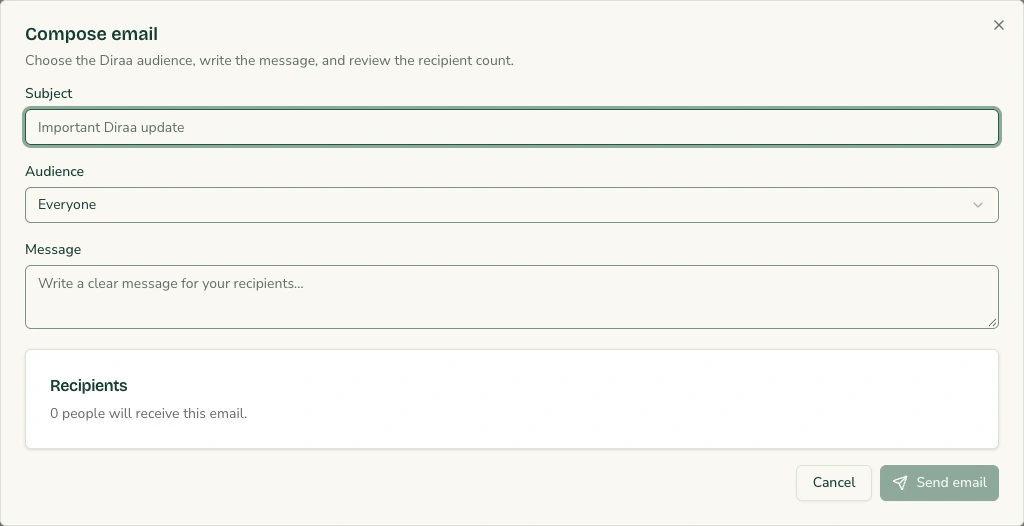 Diraa demonstration screen: Send a useful platform email
