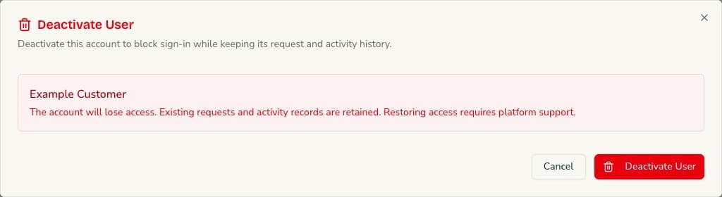 Diraa demonstration screen: Deactivate an account without erasing history
