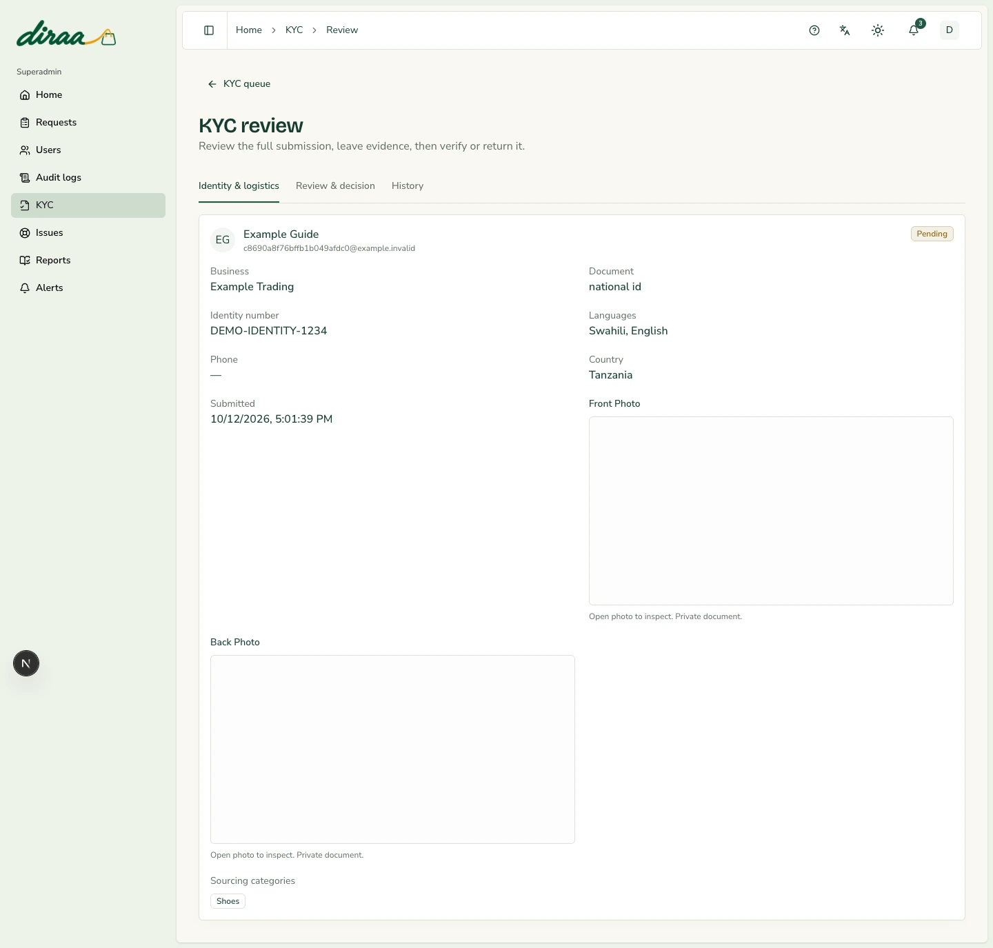 Diraa demonstration screen: Verify or return a Guide submission