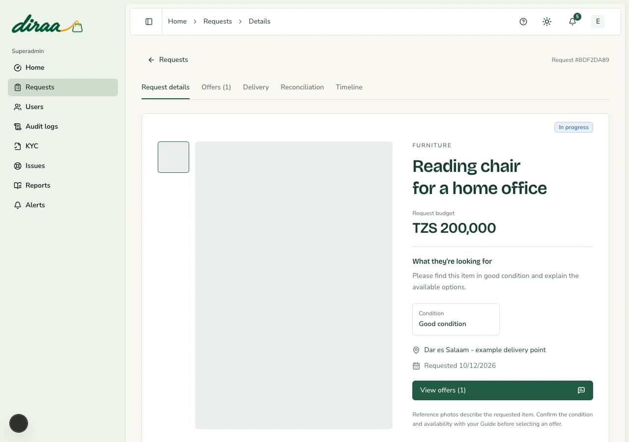 Diraa demonstration screen: Inspect requests and understand their status